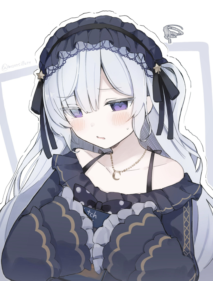 1girl black_ribbon blush commentary_request crescent crescent_necklace frilled_sleeves frills furrowed_brow gothic_lolita hair_over_one_eye hair_ribbon hairband hands_up highres holding holding_sketchbook jewelry lolita_fashion lolita_hairband long_hair long_sleeves looking_at_viewer magical_girl mahou_shoujo_no_majo_saiban mozzs natsume_an-an necklace purple_eyes ribbon shy sketchbook sleeves_past_fingers sleeves_past_wrists solo squiggle star_(symbol) sweatdrop upper_body