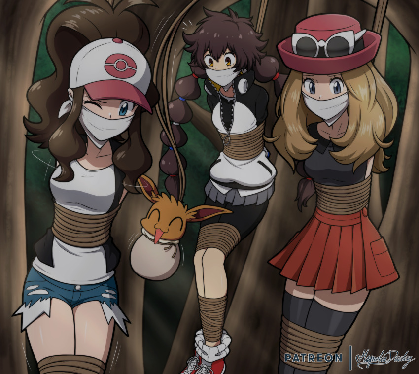 1other 3girls :&gt; absurdres arms_behind_back artist_name baseball_cap bdsm bike_shorts bike_shorts_under_skirt black_shirt black_thighhighs blonde_hair blue_eyes bondage bound bound_arms braid breasts brown_hair captured cloth_gag collarbone denim denim_shorts eevee eyewear_on_headwear gag gagged gen_1_pokemon glasses gotcha! gotcha!_girl_(pokemon) grey_eyes grey_skirt hair_between_eyes hat high-waist_skirt highres hilda_(pokemon) improvised_gag jacket legs long_hair magnolia-baillon medium_breasts multi-tied_hair multiple_girls nintendo one_eye_closed open_mouth patreon_username pink_hat pleated_skirt poke_ball_print pokemon pokemon_(creature) pokemon_bw pokemon_xy porkpie_hat red_footwear red_skirt restrained rope serena_(pokemon) shirt short_shorts shorts skirt sleeveless sleeveless_shirt small_breasts socks sunglasses suspension thighhighs tied_up_(nonsexual) twin_braids twintails white-framed_eyewear white_hat white_shirt yellow_eyes zettai_ryouiki zipper