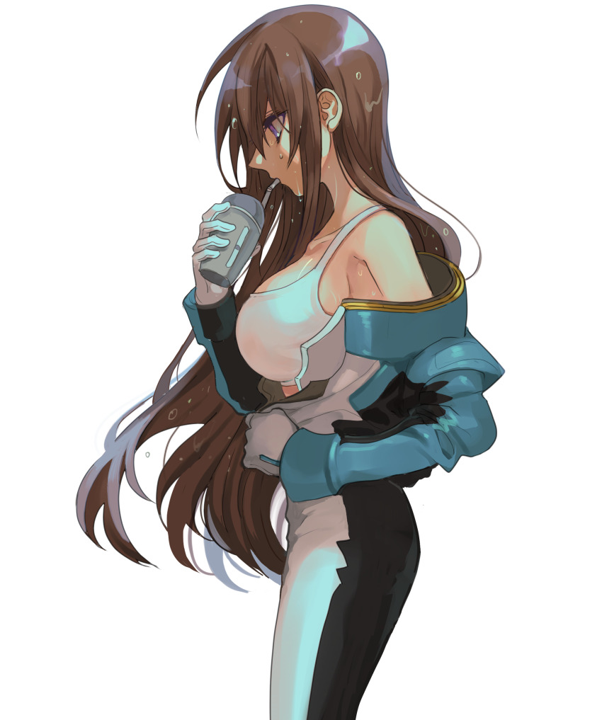 1girl bodysuit breasts brown_hair commentary_request cowboy_shot cup drinking drinking_straw drinking_straw_in_mouth from_side genderswap genderswap_(mtf) gloves gundam gundam_seed highres holding holding_cup kira_yamato large_breasts long_hair long_sleeves mecha_pilot_suit off_shoulder open_bodysuit open_clothes purple_eyes seed0x0 simple_background solo sports_bra sweat very_long_hair wet wet_hair white_background white_gloves white_sports_bra
