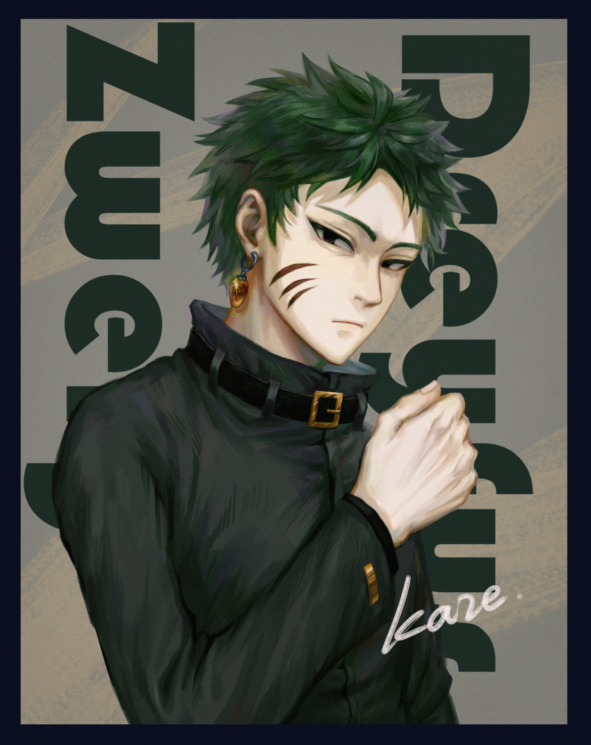 1boy absurdres black_border black_eyes black_jacket border character_name chinese_commentary closed_mouth commentary_request dreyfus_zweig earrings glint green_hair hand_up high_collar highres jacket jewelry kaze_(yznyttdgs) long_sleeves male_focus saibou_shinkyoku short_hair signature solo upper_body