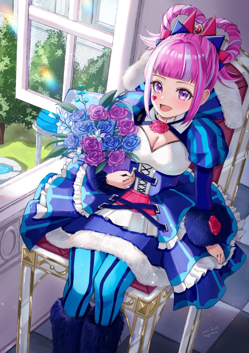 1girl aqua_pantyhose blunt_bangs breasts cleavage cross-laced_clothes cross-laced_dress dress facial_mark fire_emblem fire_emblem_engage flower folded_twintails fur_wrist_cuffs hair_flaps hair_rings heart heart_facial_mark highres holding holding_flower hortensia_(fire_emblem) looking_at_viewer medium_breasts mugitoro_(dsfv2277) multicolored_hair multicolored_tiara nintendo open_mouth pantyhose pink_eyes pink_hair sidelocks sitting smile solo striped_clothes striped_dress two-tone_hair two-tone_pantyhose vertical-striped_clothes vertical-striped_dress wrist_cuffs