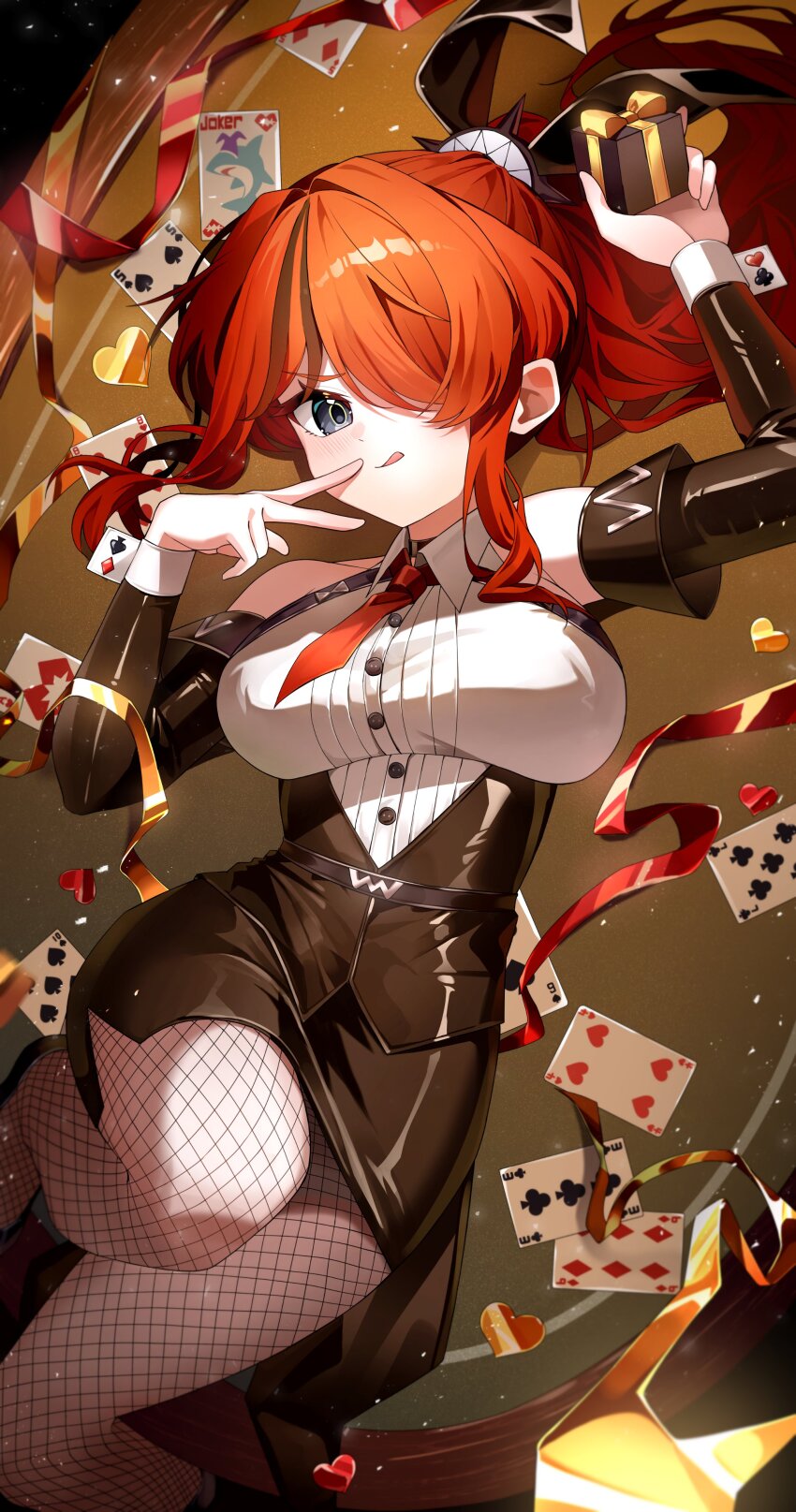 1girl :q absurdres arm_up black_hair black_skirt black_sleeves black_vest breasts card casino_card_table collared_shirt detached_sleeves fishnet_pantyhose fishnets gift grey_eyes highres holding holding_gift lain_paterson lain_paterson_(2nd_costume) large_breasts long_hair multicolored_hair necktie nijisanji on_table pantyhose playing_card ponytail red_hair red_necktie red_ribbon ribbon shirt skirt sleeveless sleeveless_shirt soefu_(souaehu) solo streaked_hair table tongue tongue_out vest virtual_youtuber white_shirt yellow_ribbon