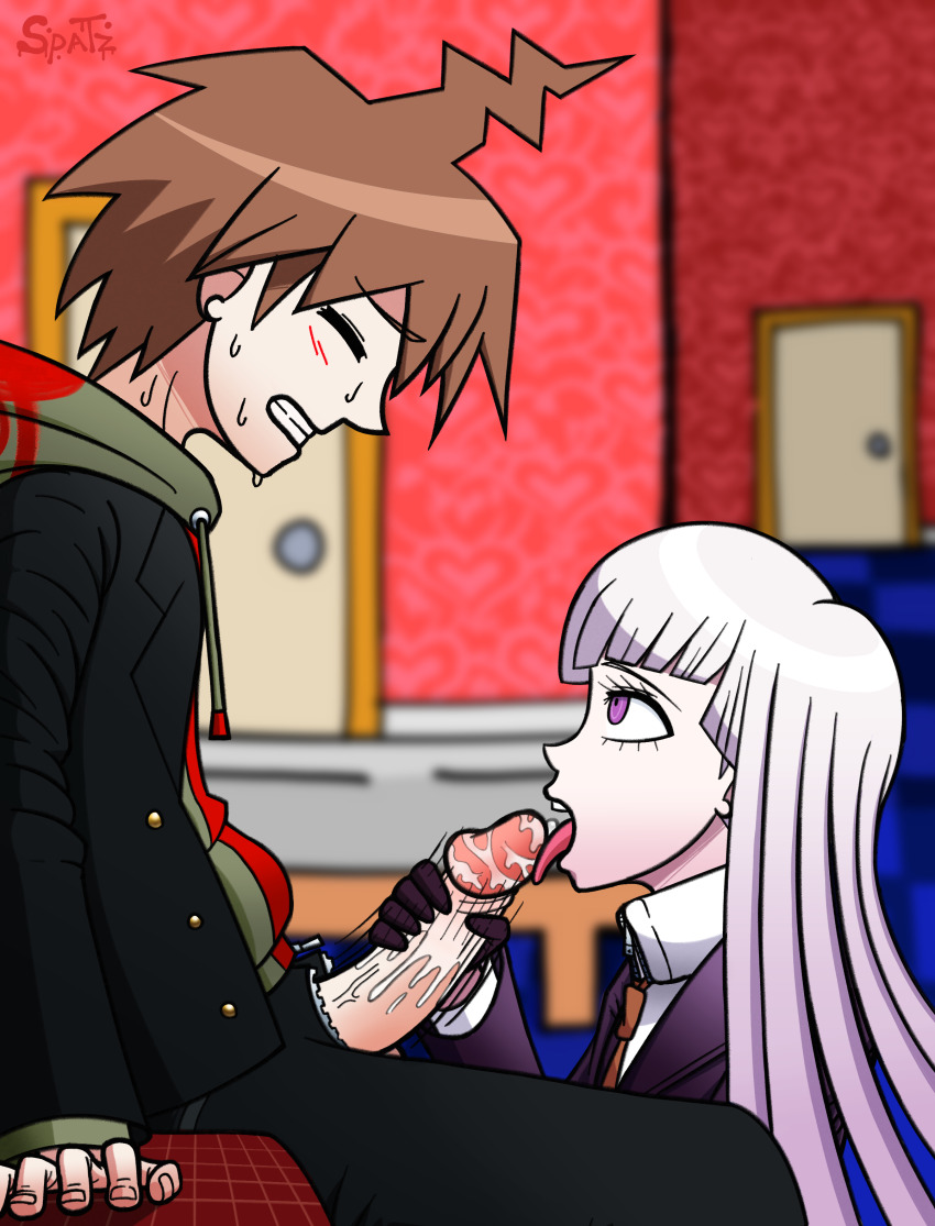 1boy 1girl absurdres ahoge danganronpa:_trigger_happy_havoc danganronpa_(series) fellatio gloved_handjob gloves handjob hetero highres kirigiri_kyoko licking licking_penis motion_lines naegi_makoto oral penis saliva saliva_trail sinnerspatz straight_hair white_hair