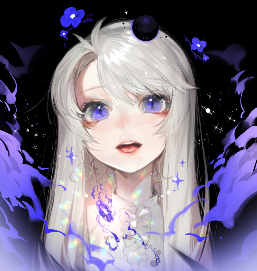 1girl black_background blush dress flat_chest flower grey_hair herme_(ohisashiburi) highres long_hair looking_at_viewer ohisashiburi open_mouth original purple_eyes slit_pupils smile solo tongue upper_body white_dress