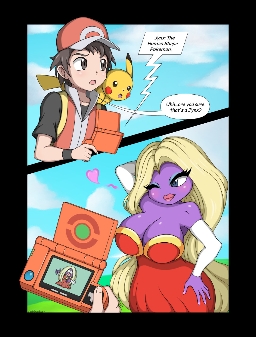 1boy 1girl 1other breasts cleavage gen_1_pokemon highres jynx large_breasts loodanonmus nintendo pikachu pokedex pokemon pokemon_(creature) pokemon_frlg red_(pokemon) red_(pokemon_frlg) tagme