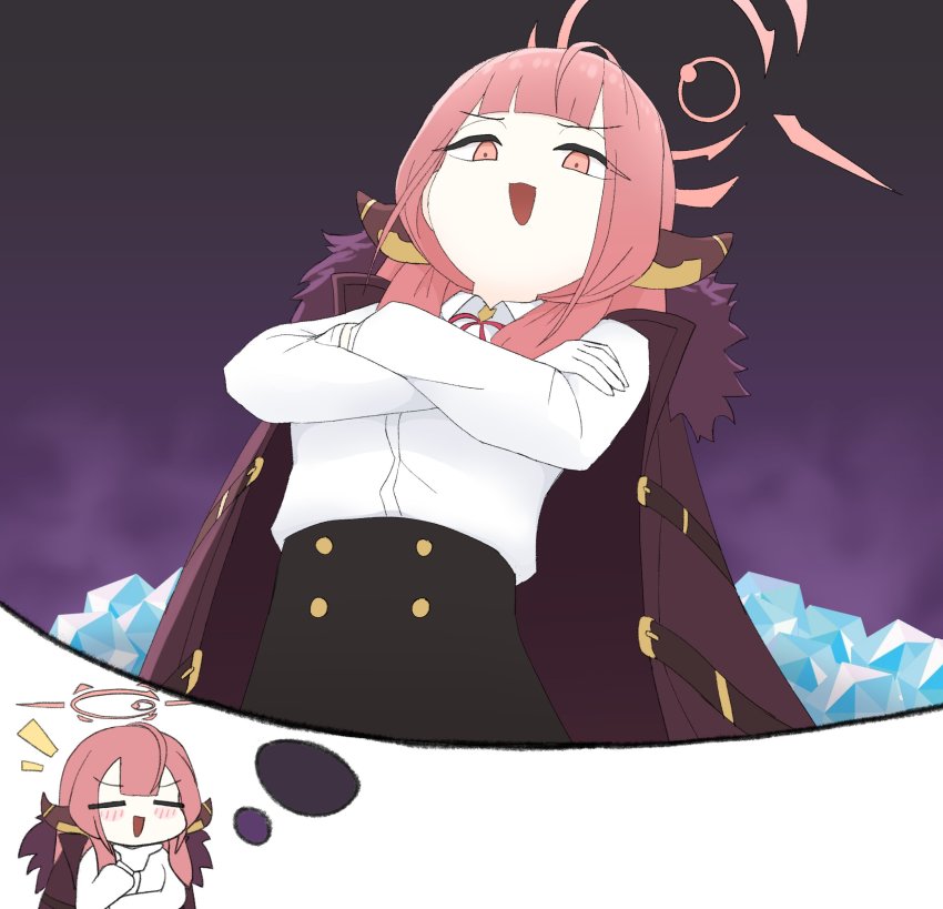 1girl =_= absurdres aru_(blue_archive) black_skirt blue_archive blush coat coat_on_shoulders collared_shirt crossed_arms gem gloves halo hand_on_own_chin highres horns kutsusama long_sleeves looking_at_viewer neck_ribbon open_mouth pink_eyes pink_hair purple_coat ribbon shirt skirt solo speech_bubble stroking_own_chin thought_bubble white_gloves white_shirt