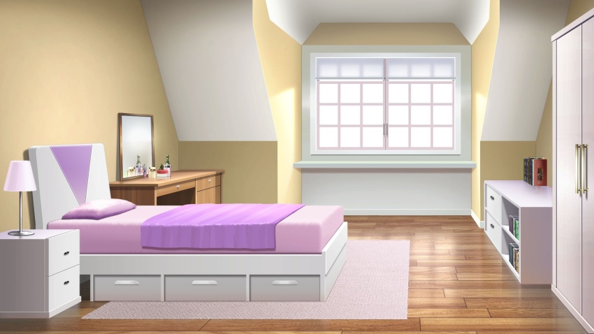 apartment bed bedroom blanket book bookshelf bottle day desk_lamp drawer highres indoors lamp mirror no_humans non-web_source official_art our_life:_beginnings_and_always perfume_bottle pillow purple_theme reflective_floor rug scenery table towel vanity_table variant_set wardrobe window window_blinds window_light wooden_floor