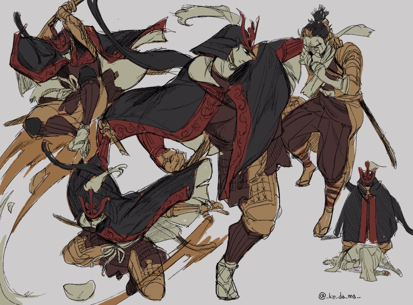 2boys armor artist_name ashina_genichirou attack black_cloak black_hair black_helmet brown_kimono clenched_hand cloak closed_mouth coat defeat facial_hair grey_background helmet highres holding holding_sword holding_weapon japanese_armor japanese_clothes kabuto_(helmet) katana kimono male_focus multiple_boys ninja piyomotsu red_cloak samurai sekiro sekiro:_shadows_die_twice simple_background sword sword_on_back two-tone_cloak weapon weapon_on_back yellow_coat