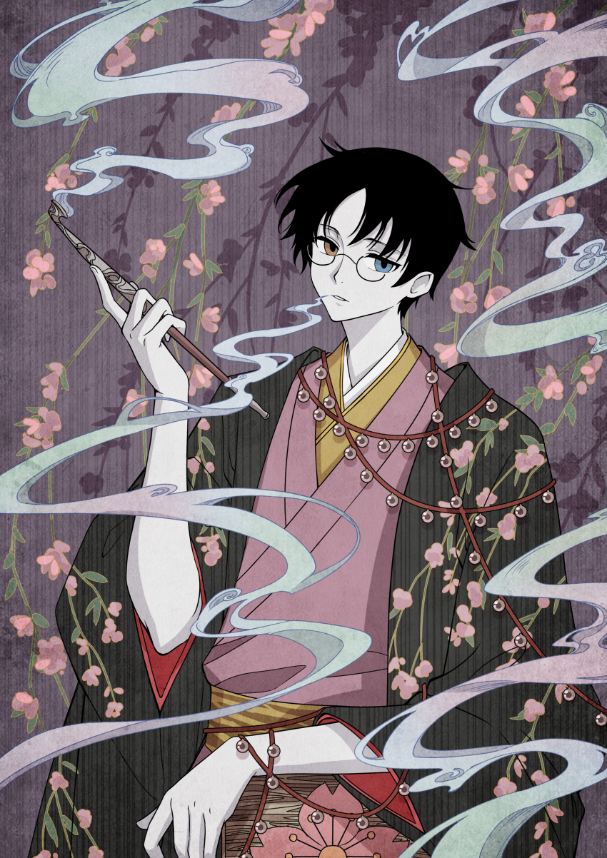 1boy absurdres black_hair clamp_(circle)_(style) flower glasses heterochromia highres holding holding_smoking_pipe japanese_clothes kimono kiseru male_focus official_style pale_skin pink_flower pink_kimono purple_background short_hair smoke smoking smoking_pipe so_tsubasa solo watanuki_kimihiro xxxholic