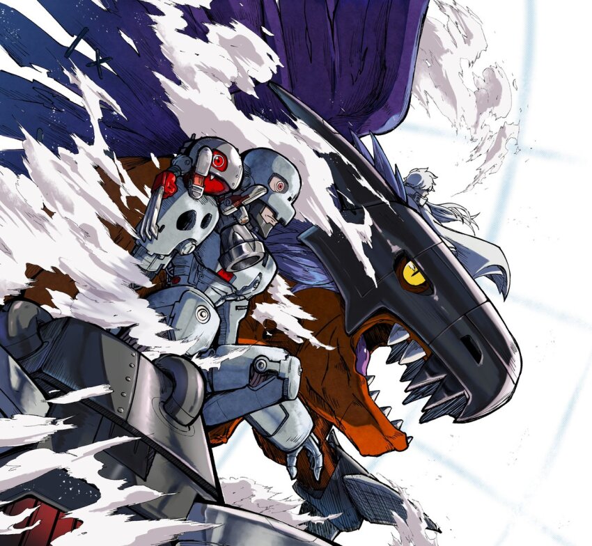 2boys andromon armor ayumuminato claw_(weapon) cyborg digimon digimon_(creature) digimon_paradox dragon dust from_side group_picture helmet megadramon metalmamemon multiple_boys open_mouth red_eyes sharp_teeth teeth weapon white_armor yellow_eyes zen_(digimon)