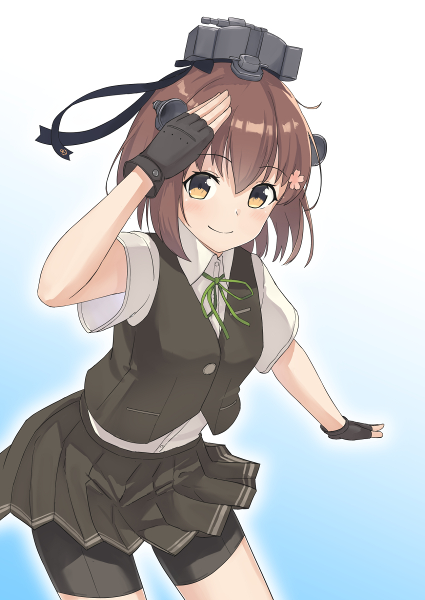 1girl animal_ears arm_up bike_shorts black_gloves black_hair black_skirt black_vest blue_background blush breasts brown_hair collared_shirt commentary_request cosplay dress_shirt fingerless_gloves flower gloves gradient_background green_ribbon hair_between_eyes hair_flower hair_ornament headgear highres kagerou_(kancolle) kagerou_(kancolle)_(cosplay) kantai_collection medium_breasts miniskirt neck_ribbon outline pink_hair pleated_skirt ribbon salute shirt short_sleeves sidelocks skirt smile solo vest white_background white_outline white_shirt yuki_4040 yukikaze_(kancolle)