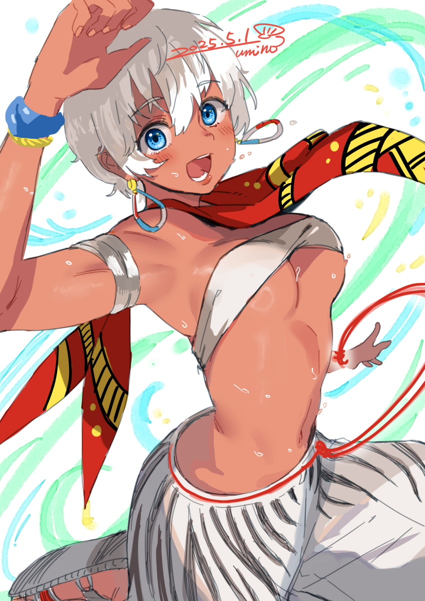 1girl animal_print bandeau blue_eyes bracelet breasts capcom cleavage dark-skinned_female dark_skin earrings elena_(street_fighter) highres jewelry looking_at_viewer navel official_alternate_costume open_mouth sandals scarf short_hair solo stomach street_fighter street_fighter_6 sweat umino_hotate underboob white_bandeau white_hair zebra_print
