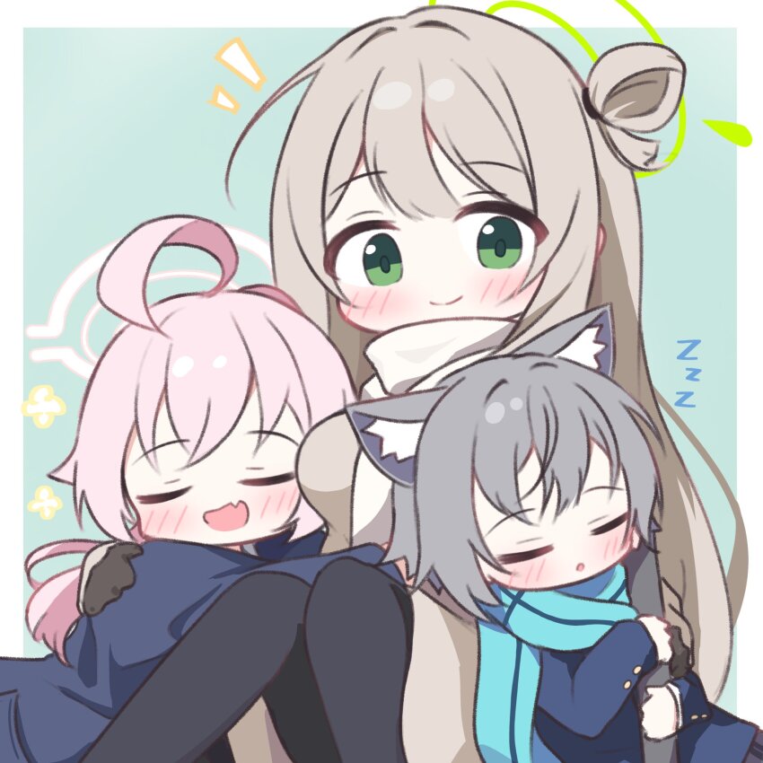 3girls ahoge animal_ears black_pantyhose blue_archive blue_scarf blush brown_coat closed_eyes coat fang green_eyes green_halo halo highres hoshino_(blue_archive) hoshino_(second_year)_(blue_archive) karupa_(karupapon) light_brown_hair long_hair long_sleeves multiple_girls nonomi_(blue_archive) pantyhose pink_hair pink_halo scarf school_uniform shiroko_(blue_archive) shiroko_(young)_(blue_archive) skin_fang sleeping sleeping_on_person white_scarf wolf_ears wolf_girl