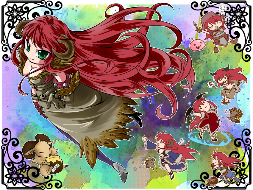 1girl :3 age_progression baphomet_jr blue_cape blue_shorts blue_sleeves boots breasts brown_boots brown_coat brown_gloves brown_horns cape chibi chibi_inset cleavage closed_eyes closed_mouth coat colorful_background commentary_request detached_sleeves full_body fur-trimmed_cape fur-trimmed_sleeves fur_trim gloves green_eyes grey_shoes high_heels highres honey honeypot horns kamui_setsuna long_hair looking_at_viewer medium_breasts novice_(ragnarok_online) open_mouth pointy_ears poring purple_thighhighs ragnarok_online red_coat red_hair red_skirt rogue_(ragnarok_online) shadow_chaser_(ragnarok_online) shoes shorts skirt smile stalker_(ragnarok_online) thief_(ragnarok_online) thighhighs very_long_hair