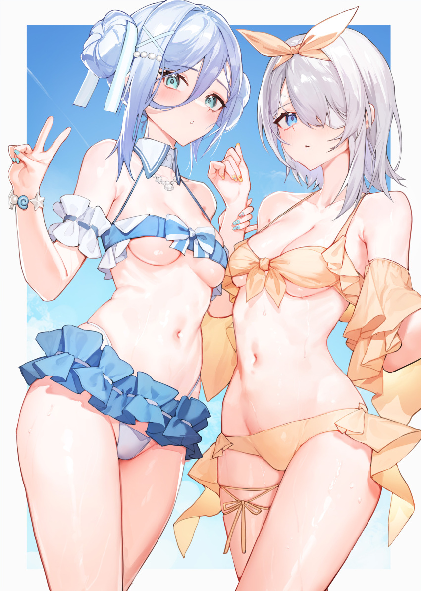 2girls absurdres arm_garter bikini black_survival blue_eyes blue_hair blue_nails border bow bow_hairband bracelet breasts cleavage closed_mouth collared_bikini commentary cowboy_shot double_bun eternal_return:_black_survival eyepatch fingernails front-tie_bikini_top front-tie_top grey_hair hair_between_eyes hair_bun hair_ornament hair_over_one_eye hairband halterneck highleg highleg_bikini highres holding_another&#039;s_wrist jewelry leg_ribbon legs_together light_blush long_fingernails long_hair_between_eyes looking_at_viewer medium_breasts multiple_girls nail_art nail_polish navel necklace one-eyed orange_bikini orange_bow orange_hairband orange_ribbon outside_border parted_lips ribbon seashell shell sissela_(black_survival) sissela_kyle standing star_(symbol) stomach string_bikini swimsuit symbol-only_commentary tunamayo_(dsasd751) underboob v vanya_(black_survival) water_drop wet white_bikini white_border x_hair_ornament yellow_nails