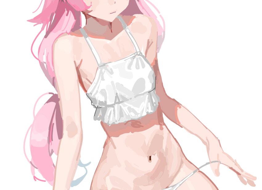 1girl bare_arms bare_shoulders bikini blue_archive closed_mouth commentary_request flat_chest frilled_bikini frilled_bikini_top frills groin ha_yoojin hair_flaps head_out_of_frame highres hoshino_(blue_archive) hoshino_(swimsuit)_(blue_archive) korean_commentary long_hair low_twintails narrow_waist navel pink_hair simple_background sketch skinny solo spaghetti_strap stomach swimsuit twintails untied_bikini untied_bikini_bottom untying upper_body white_background white_bikini