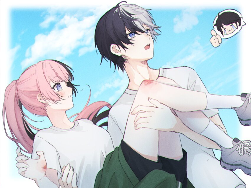 1girl 2boys black_hair black_shorts blue_eyes blue_sky blush border brown_hair carrying chibi clothes_around_waist cloud commentary_request crying gil_(gamer) highres hozumi_toki indie_virtual_youtuber jacket jacket_around_waist kamito_(vtuber) looking_at_another looking_to_the_side multicolored_hair multiple_boys pink_hair ponytail princess_carry scratches shirt shoes shorts sidelocks sky sneakers socks streaming_tears t-shirt tachibana_hinano tears thumbs_up two-tone_hair virtual_youtuber vspo! white_border white_hair white_shirt white_sneakers white_socks