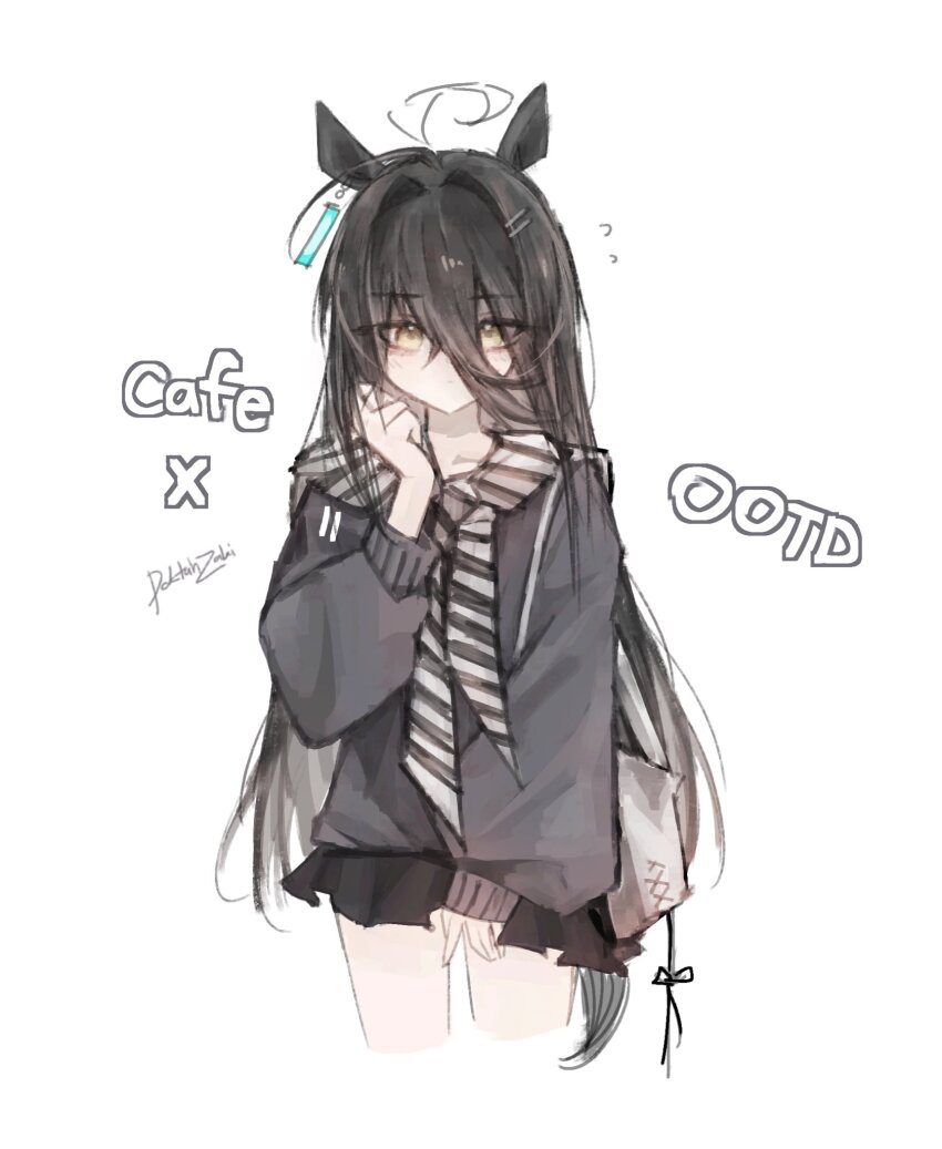 1girl ahoge animal_ears bag black_hair black_skirt casual character_name closed_mouth doktahzaki dot_mouth ear_ornament ear_tag earrings flying_sweatdrops grey_jacket hair_between_eyes hair_ornament hairclip hand_up highres horse_ears horse_girl horse_tail jacket jewelry light_blush long_bangs long_hair long_hair_between_eyes long_sleeves manhattan_cafe_(umamusume) multicolored_hair photo-referenced pleated_skirt scarf shoulder_bag simple_background single_earring skirt solo striped_clothes striped_scarf tail umamusume very_long_hair white_background white_bag white_hair white_scarf yellow_eyes