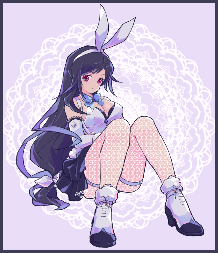 1girl animal_ear_hairband animal_ears bare_shoulders belt black_footwear black_hair black_skirt blue_bow blue_bowtie bow bowtie breasts cleavage crop_top detached_collar doily earrings elbow_gloves fake_animal_ears final_fantasy final_fantasy_vii final_fantasy_vii_ever_crisis fishnet_pantyhose fishnets full_body fur_anklet garter_straps gloves hair_ribbon hairband highres jewelry long_hair low-tied_long_hair medium_breasts midriff miniskirt nontraditional_playboy_bunny official_alternate_costume pantyhose pocket_watch purple_background rabbit_ear_hairband rabbit_ears rabbit_tail red_eyes ribbon saki_(hxaxcxk) shirt skirt solo suspenders swept_bangs tail tifa_lockhart tifa_lockhart_(bunny_bustier) two-tone_footwear watch white_belt white_footwear white_gloves white_ribbon white_shirt wrist_cuffs