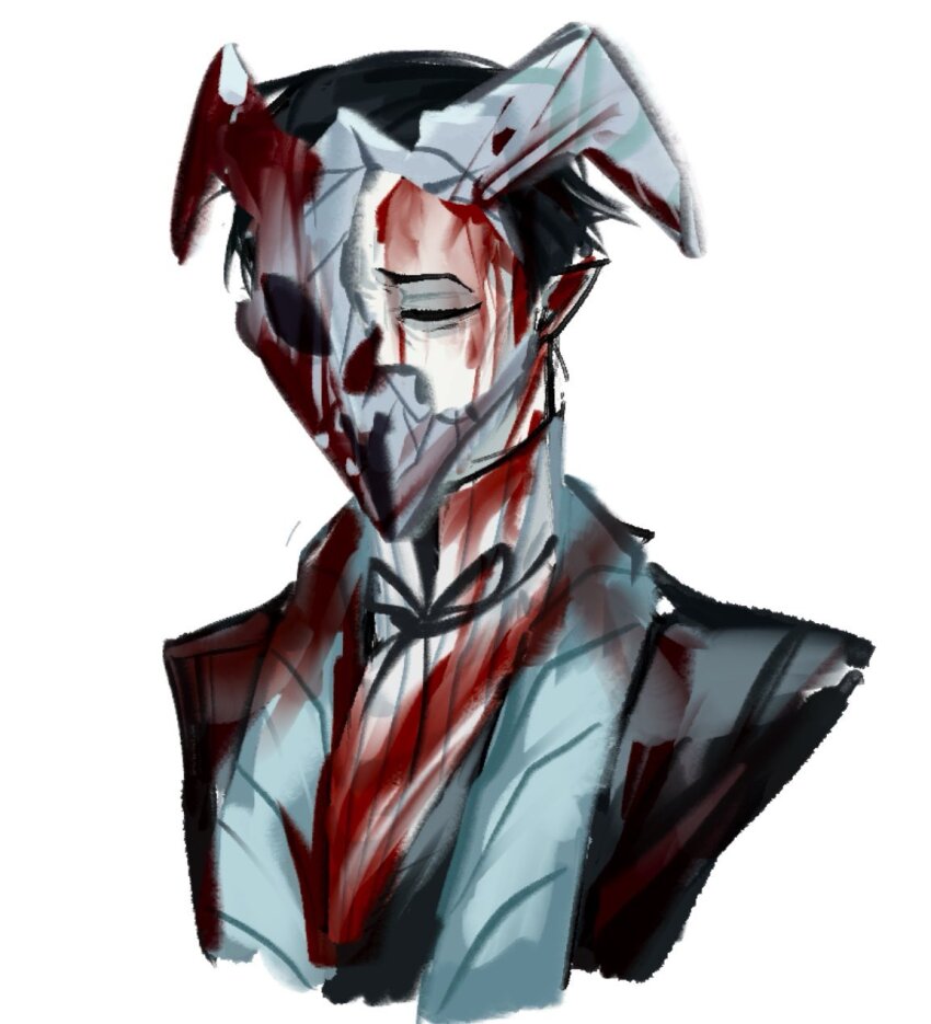 1boy black_hair black_suit blood blood_on_clothes blood_on_face blood_on_mask closed_eyes curiambro_(project_moon) damalcb formal_clothes goat_mask highres limbus_company male_focus mask neck_ribbon one_eye_covered pointy_ears portrait project_moon ribbon skull_mask solo suit turtleneck white_background