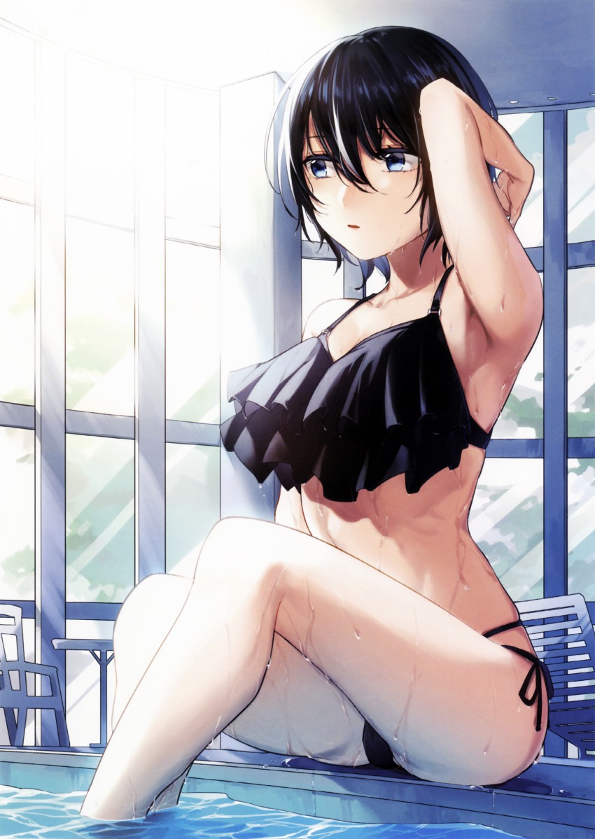 1girl absurdres arm_at_side arm_up armpits bare_arms bare_legs bare_shoulders bikini bikini_top_only black_bikini black_hair blue_eyes breasts chair collarbone cowboy_shot cropped day eyelashes female_focus frilled_bikini frills hair_between_eyes highres indoors medium_breasts niimaru non-web_source original parted_lips pool poolside scan short_hair side-tie_bikini_bottom sitting skindentation soaking_feet solo string_bikini sunlight swimsuit table toranoana wading water wet wet_hair