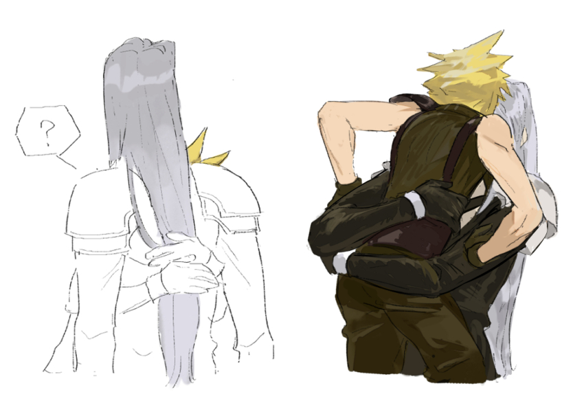 2boys ? armor arms_around_waist belt black_coat black_gloves black_pants black_sweater blonde_hair chinese_commentary cloud_strife coat commentary_request cropped_torso facing_away final_fantasy final_fantasy_vii gloves grey_hair hand_on_another&#039;s_arm height_difference hug long_hair long_sleeves male_focus multiple_boys pai_jingguan pants partially_colored pauldrons sephiroth short_hair shoulder_armor single_pauldron sketch sleeveless sleeveless_turtleneck spiked_hair standing struggling suspenders sweater turtleneck turtleneck_sweater upper_body very_long_hair white_background yaoi