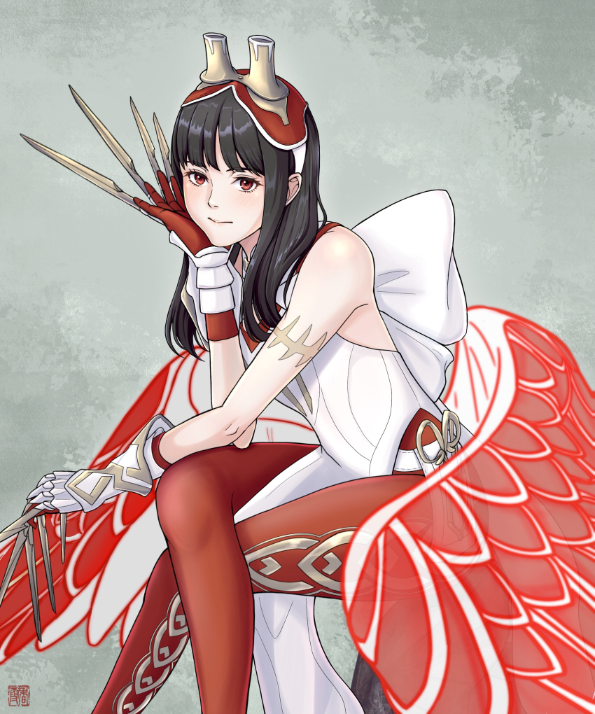 1girl absurdres bare_shoulders bird_girl black_hair claw_(weapon) fire_emblem fire_emblem_heroes aviator_goggles gloves glowing glowing_wings highres hraesvelgr_(fire_emblem) kousetu0506 leggings light_smile long_hair looking_at_viewer nintendo red_aura red_eyes red_gloves red_leggings red_trim red_wings solo weapon wings