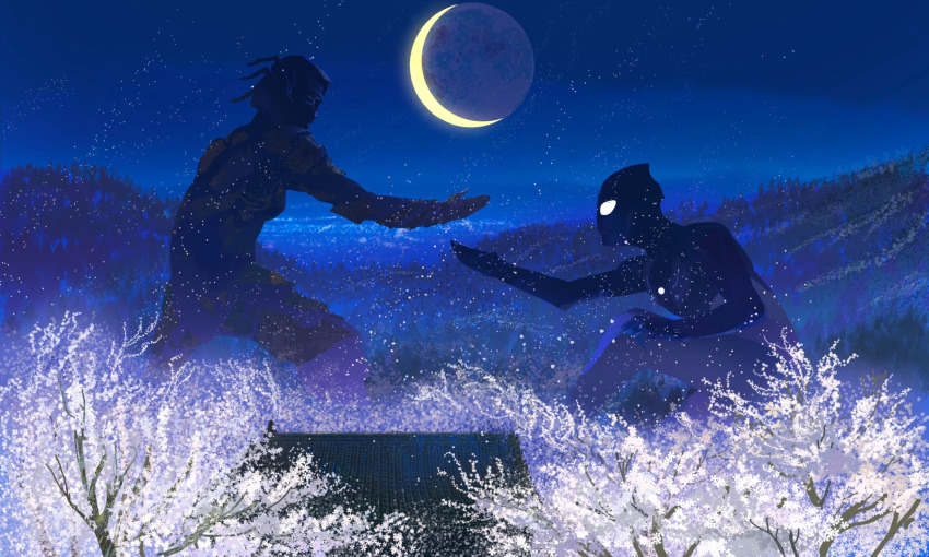 1boy 1other alien architecture cherry_blossoms color_timer commentary commentary_request crescent_moon dorsal_fin east_asian_architecture english_commentary fighting_stance flower forest from_side glowing glowing_eyes highres manhuajiazhishen mixed-language_commentary moon nature night night_sky petals pink_flower pink_petals sky squatting tokusatsu tree ultra_series ultraman_tiga ultraman_tiga_(series) vs white_eyes