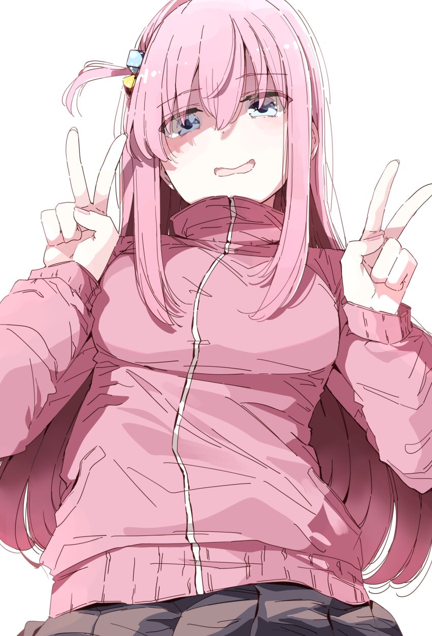 1girl absurdres bocchi_the_rock! cube_hair_ornament double_v electric_guitar gotoh_hitori guitar hair_ornament highres instrument jacket long_hair long_sleeves looking_at_viewer nyoijizai open_mouth pink_hair pink_jacket simple_background solo track_jacket upper_body v white_background