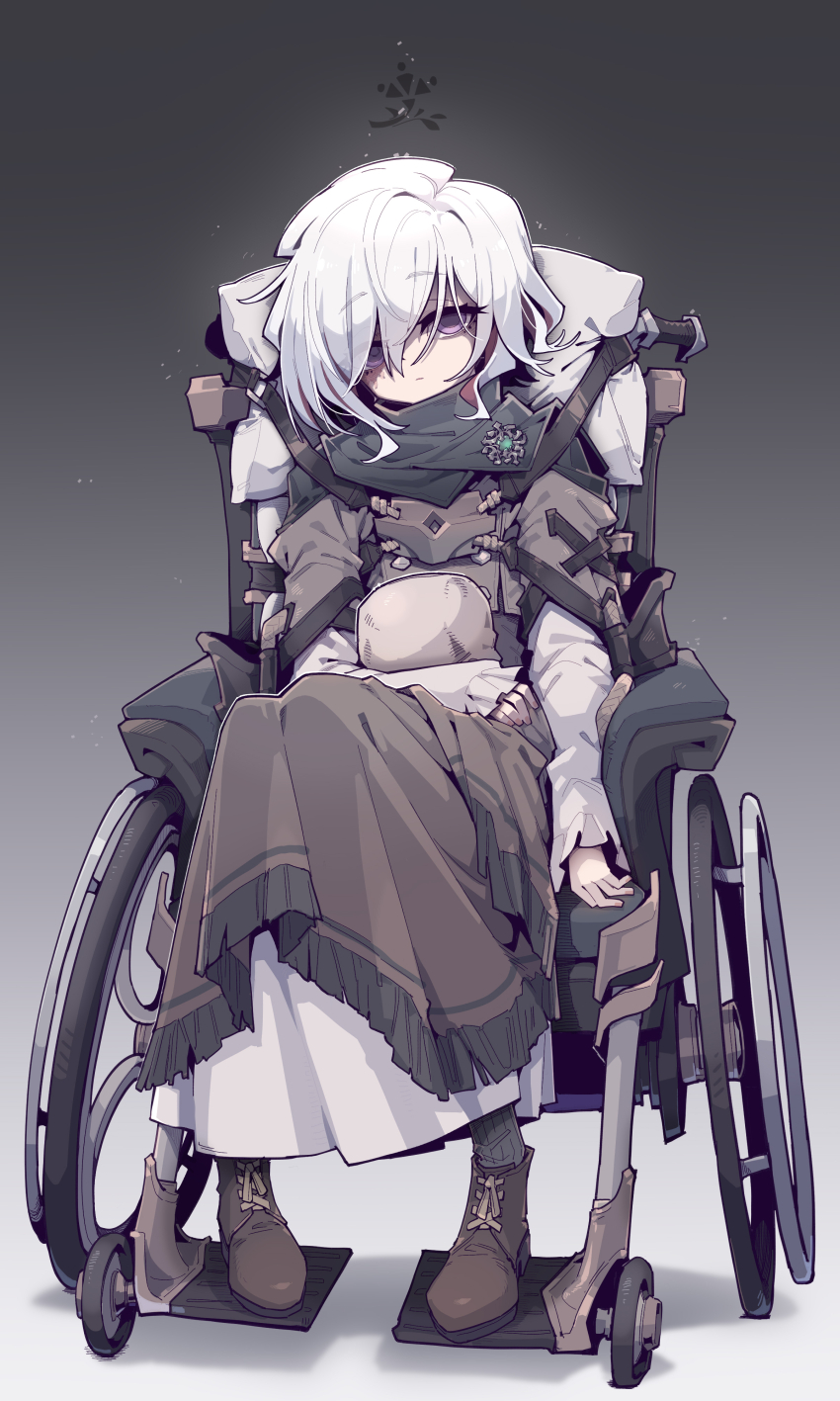 1girl absurdres boots brown_boots closed_mouth commentary commentary_request english_commentary full_body highres imazawa long_sleeves mixed-language_commentary original paid_reward_available purple_eyes short_hair sitting solo tagme variant_set wheelchair white_hair