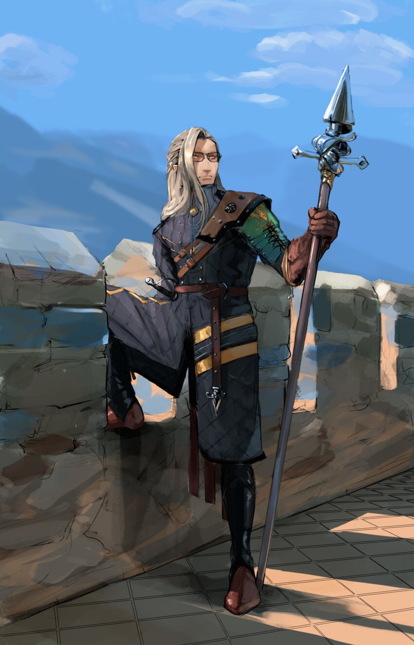 1boy absurdres armor battlement blue_sky brown_gloves coat glasses gloves green_armor grey_coat grey_hair highres holding holding_polearm holding_weapon holostars holostars_english noir_vesper noir_vesper_(1st_costume) polearm purple_eyes quilted_clothes rapier rowanvtuber sheath sheathed sky spear sword tagme virtual_youtuber weapon