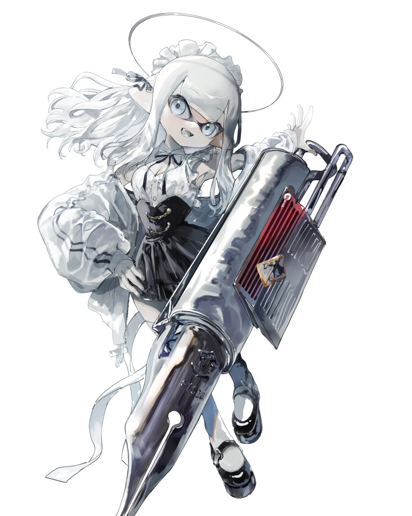 1girl absurdres commentary_request dress fang flingza_roller_(splatoon) halo hand_on_own_hip highres inkling inkling_girl inkling_player_character jacket long_hair nintendo pointy_ears simple_background splatoon_(series) thighhighs ume_(plumblossom) white_background white_eyes white_hair white_jacket