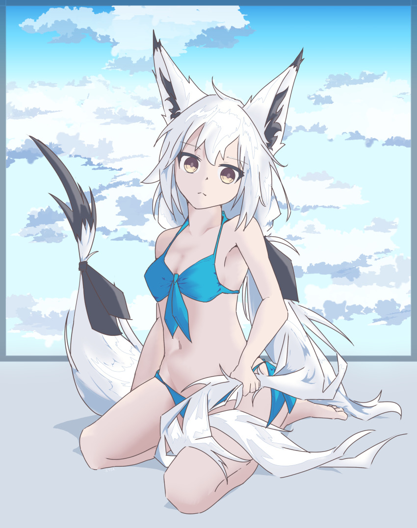 1girl absurdres animal_ears bikini blue_bikini bow closed_mouth commentary commentary_request english_commentary fox_ears fox_girl highres idea_(nagishiro_mito) long_hair navel original s7ia-(shia) seiza sitting solo swimsuit tail tail_bow tail_ornament white_hair yellow_eyes