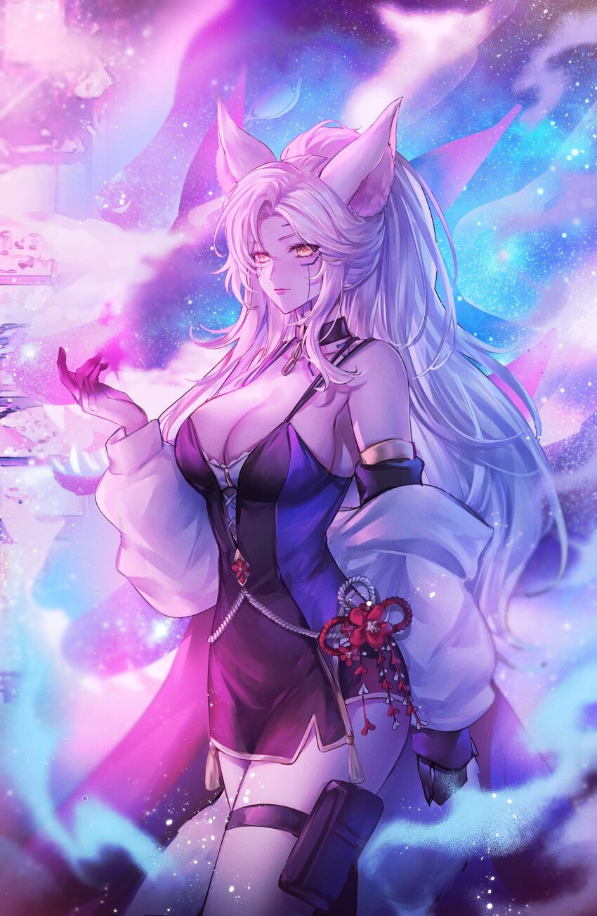 1girl animal_ears black_collar black_dress breasts cleavage closed_mouth collar colored_extremities commission detached_sleeves dress fox_ears fox_girl gold_trim grey_hair highres indie_virtual_youtuber lips long_hair ponytail pouch saiya_(vtuber) second-party_source short_dress skeb_commission sky solo star_(sky) starry_sky tassel thigh_pouch thigh_strap virtual_youtuber yellow_eyes yuli_(yulipo)