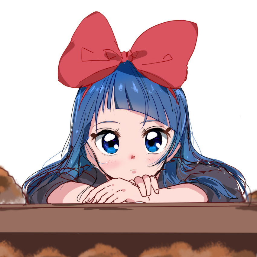 1girl black_dress blue_eyes blue_hair bow closed_mouth commentary_request cosplay dress hair_bow haru_(nature_life) highres hirogaru_sky!_precure kiki_(majo_no_takkyuubin) kiki_(majo_no_takkyuubin)_(cosplay) long_hair long_sleeves looking_at_viewer majo_no_takkyuubin precure red_bow simple_background solo sora_harewataru upper_body white_background