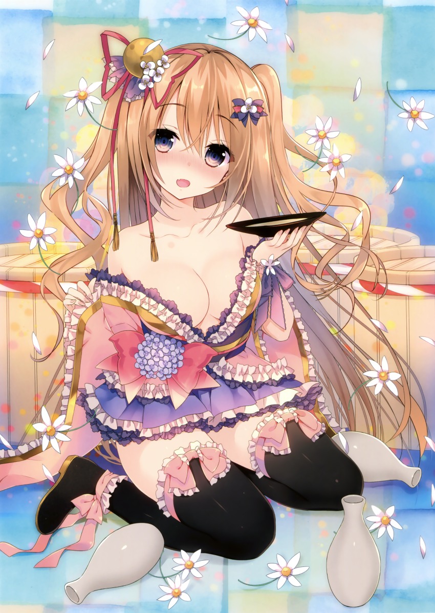 1girl absurdres alcohol bare_shoulders black_thighhighs blush breasts brown_hair cleavage cup dress drunk fang female_focus fingernails flower frilled_dress frilled_skirt frilled_thighhighs frills hair_between_eyes hair_flower hair_ornament hair_ribbon highres japanese_clothes kimono kimono_skirt lolita_fashion long_hair long_sleeves looking_at_viewer medium_breasts nail_polish nose_blush obi off-shoulder_dress off_shoulder open_mouth original pink_nails purple_eyes red_ribbon ribbon sakazuki sake sash scan seiza sitting skirt smile solo thighhighs tokkuri twintails very_long_hair wa_lolita wide_sleeves yadapot