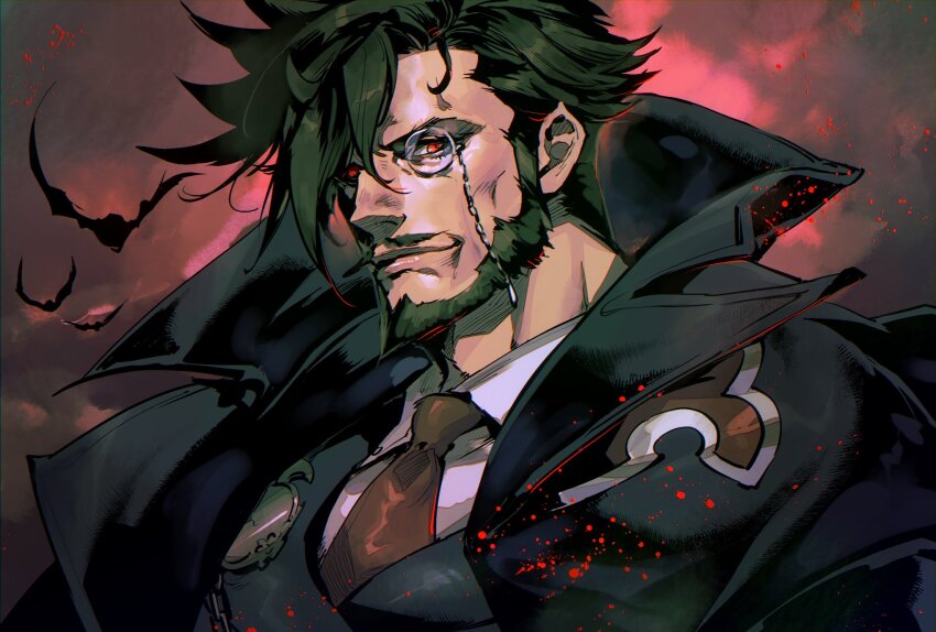 1boy animal bat_(animal) beard black_cape black_hair black_vest cape closed_mouth collared_cape collared_shirt commentary_request facial_hair guilty_gear guilty_gear_strive high_collar highres kin_mokusei looking_at_viewer male_focus monocle mustache necktie red_eyes red_necktie shirt short_hair slayer_(guilty_gear) solo upper_body vest white_shirt wing_collar