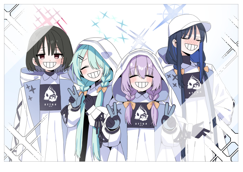 4girls absurdres aqua_hair aqua_halo arius_squad_(blue_archive) atsuko&#039;s_grin_(meme) atsuko_(blue_archive) b.t._(boob_tong) blue_archive blue_hair blue_halo brown_hair halo highres hiyori_(blue_archive) meme misaki_(blue_archive) multiple_girls pink_halo purple_hair purple_halo saori_(blue_archive)
