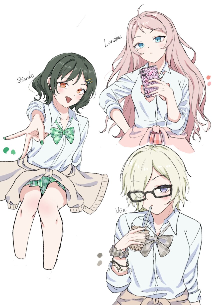 3girls ahoge black-framed_eyewear black_hair blonde_hair blue_eyes blush bow bowtie brown_cardigan bubble_tea cardigan cardigan_around_waist character_name closed_mouth clothes_around_waist collared_shirt commentary cropped_legs cup disposable_cup dress_shirt fang flipped_hair glasses green_bow green_bowtie green_nails green_skirt grey_bow grey_bowtie grey_nails grey_scrunchie gyaru hair_intakes highres holding holding_cup holding_phone keitaro_tension kogal long_hair looking_at_viewer loose_bowtie love_live! love_live!_nijigasaki_high_school_idol_club mia_taylor mifune_shioriko miniskirt multiple_girls official_alternate_costume open_collar orange_eyes ornate_phone_case phone pink_bow pink_bowtie pink_cardigan pink_hair pink_nails pink_skirt plaid_bow plaid_bowtie plaid_clothes plaid_scrunchie plaid_skirt pleated_skirt r3birth_(love_live!) scrunchie shirt short_hair simple_background sitting skirt sleeves_rolled_up smartphone_case three-quarter_sleeves tongue tongue_out v white_background white_shirt wrist_scrunchie zhong_lanzhu