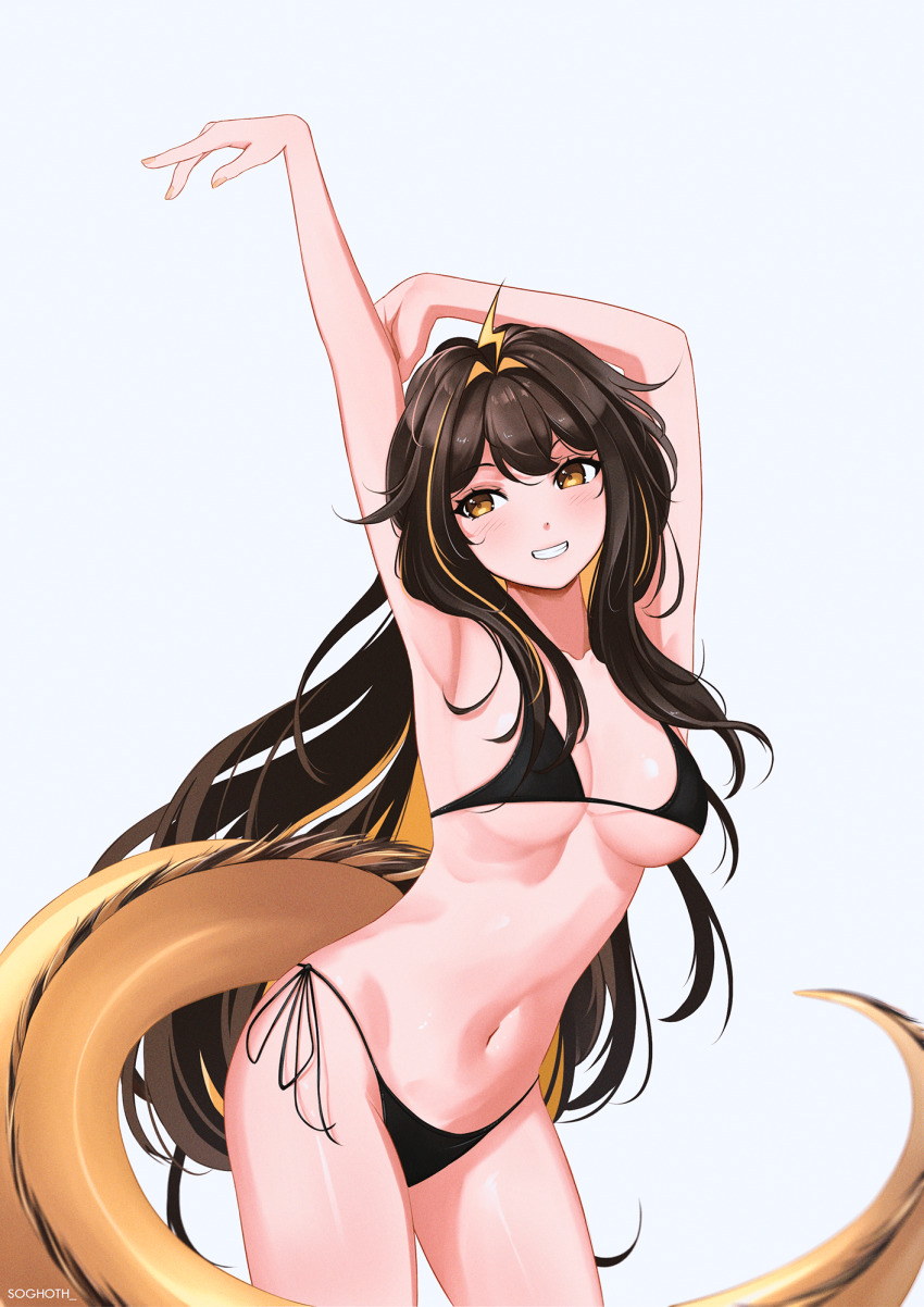 1girl arm_behind_head armpits arms_up bikini black_bikini blonde_hair breasts brown_eyes brown_hair chromashift colored_inner_hair contrapposto cowboy_shot double-parted_bangs eel_girl eel_tail grin highres juna_unagi large_breasts light_blush lightning_ahoge multicolored_hair navel side-tie_bikini_bottom sidelocks simple_background smile soghoth solo stomach streaked_hair swimsuit virtual_youtuber white_background