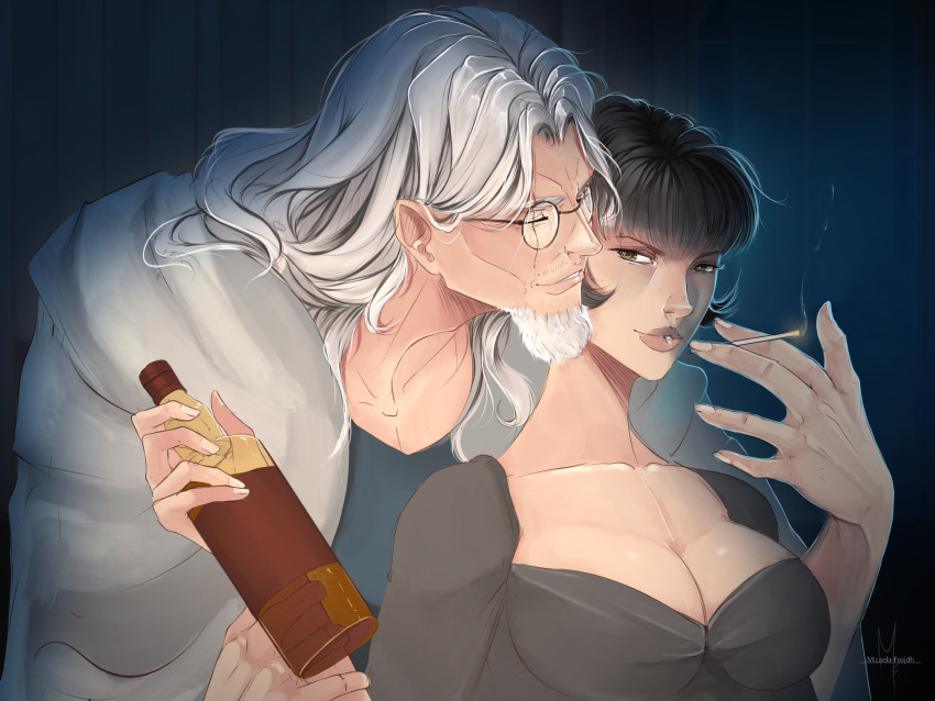 1boy 1girl alcohol black_hair blunt_bangs bottle breasts cape cigarette cleavage close-up closed_eyes commentary english_commentary facial_hair frojdhart glasses goatee highres holding holding_bottle holding_cigarette hug hug_from_behind large_breasts looking_at_viewer medium_breasts mustache one_piece shakuyaku_(one_piece) shirt short_hair silvers_rayleigh upper_body white_cape white_hair