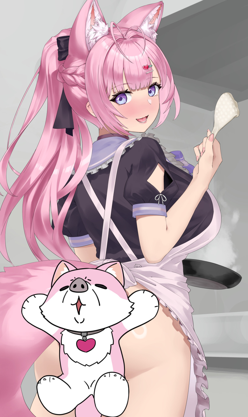 1girl :3 absurdres animal_ears antenna_hair apron ass black_ribbon black_serafuku blush bow bowtie braid breasts crown_braid extra_ears fingernails frilled_apron frilled_sailor_collar frills from_behind frying_pan hair_ornament hair_ribbon hairclip hakui_koyori hakui_koyori_(school_uniform) heart heart_hair_ornament highres holding holding_spatula hololive huge_breasts indoors kitchen kokoro_(hakui_koyori) long_hair looking_at_viewer lower_teeth_only nail_polish open_mouth pink_apron pink_eyes pink_hair pink_lips pink_nails ponytail purple_bow purple_bowtie purple_sailor_collar ribbon sailor_collar school_uniform serafuku shiny_skin short_sleeves smile spatula striped_bow striped_bowtie striped_clothes tail teeth thighs tongue virtual_youtuber wolf_ears wolf_girl wolf_tail yumemori_jabara