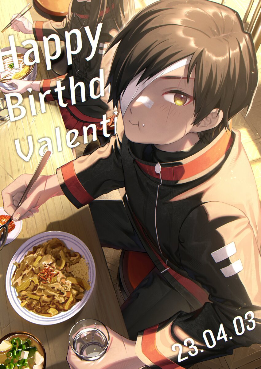 1boy 1girl absurdres bandage_over_one_eye bandaid bandaid_on_face bandaid_on_nose black_jacket black_pants blush brown_eyes brown_hair character_name cherry_tomato chopsticks cup dated food happy_birthday highres holding holding_chopsticks holding_cup holding_spoon jacket library_of_ruina long_sleeves looking_at_viewer looking_up michael_(8m71d) miso_soup noodles pants pleated_skirt project_moon ramen red_skirt shi_association_south_uniform sitting skirt spoon table tenma_(project_moon) tomato valentin_(project_moon) water yakisoba