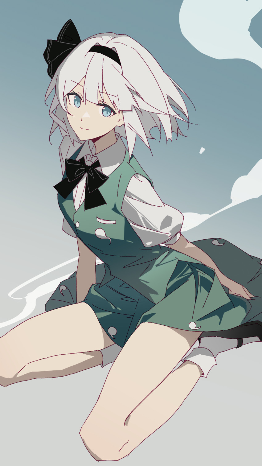 1girl black_bow black_bowtie black_hairband black_ribbon black_shoes blue_background blue_eyes bow bowtie closed_mouth collared_shirt commentary_request floating_hair full_body gradient_background green_skirt green_vest grey_background hair_between_eyes hairband highres hitodama konpaku_youmu konpaku_youmu_(ghost) looking_at_viewer puffy_short_sleeves puffy_sleeves ribbon shirt shoes short_hair short_sleeves simple_background sitting skirt skirt_set smile socks solo touhou two-tone_background vest white_hair white_shirt white_socks wuliwuli909