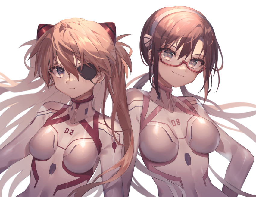 2girls blue_eyes bodysuit brown_hair closed_mouth evangelion:_3.0+1.0_thrice_upon_a_time expressionless eyepatch hair_between_eyes hairband hand_on_own_hip highres interface_headset_(evangelion) long_hair looking_at_viewer low_twintails makinami_mari_illustrious mecha_pilot_suit multiple_girls neon_genesis_evangelion orange_hair plugsuit_(evangelion) rebuild_of_evangelion red-framed_eyewear semi-rimless_eyewear shirasunuko sidelocks smile souryuu_asuka_langley twintails two_side_up under-rim_eyewear upper_body white_background white_bodysuit