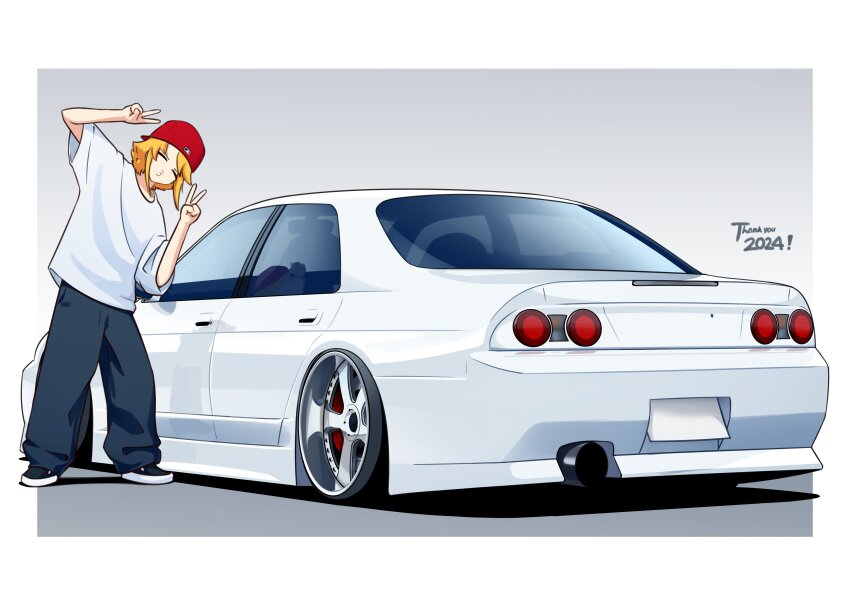 1girl 2024 :3 ^_^ absurdres backwards_hat blonde_hair blue_pants blue_shoes border car closed_eyes commentary double_v duz english_commentary furuda_keiko_(duz) grey_background hat highres motor_vehicle nissan nissan_skyline nissan_skyline_r33 original pants puckered_lips red_hat shadow shirt shoes short_hair smile sneakers solo v vehicle_focus white_border white_car white_shirt