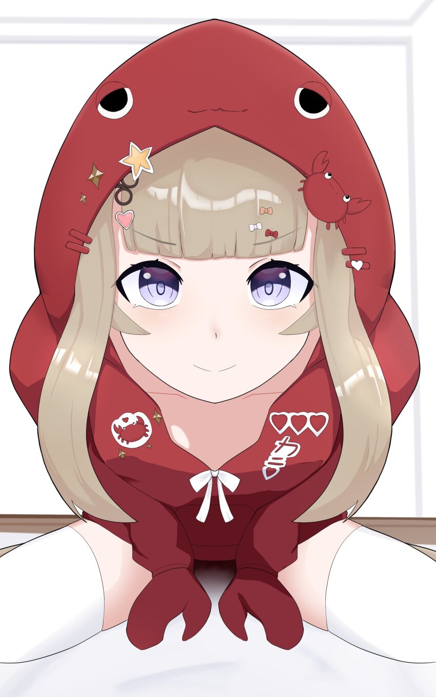 1girl absurdres amanogawa_shiina amanogawa_shiina_(2nd_costume) blonde_hair bow closed_mouth collarbone crab_claw crab_hood downblouse effviel extended_downblouse flat_chest good_morning_my_brother_(meme) grey_eyes hair_bow hair_ornament heart heart_hair_ornament highres hood hoodie long_hair no_pants orange_bow phase_connect red_bow red_hoodie scissors_hair_ornament smile solo star_(symbol) thighhighs virtual_youtuber white_bow white_thighhighs