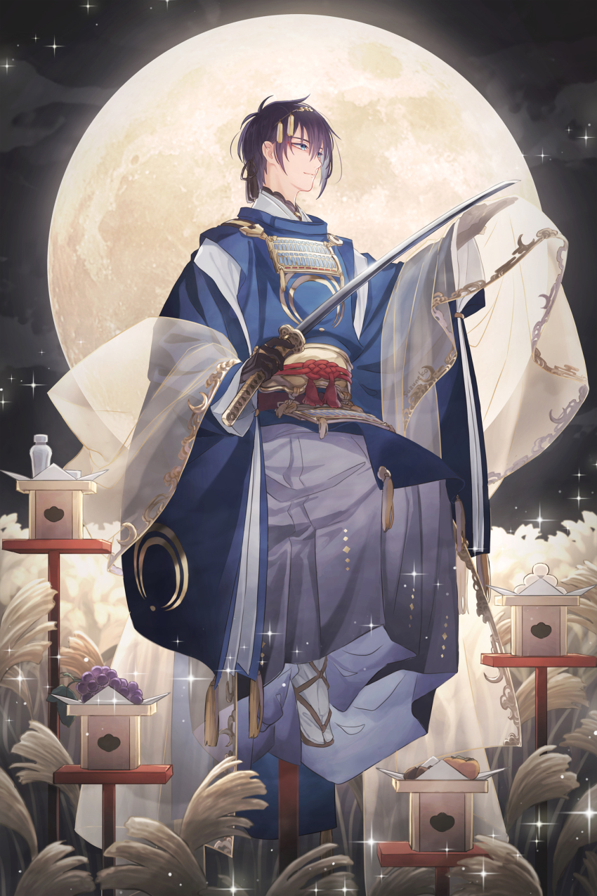 1boy armor black_gloves black_hair blue_eyes blue_hair closed_mouth cloud commentary dated_commentary food fruit full_body full_moon gloves grapes highres holding holding_shawl holding_sword holding_weapon japanese_armor japanese_clothes katana long_sleeves male_focus mikazuki_munechika mochi moon night night_sky outdoors profile religious_offering sandals sayagata see-through_clothes see-through_shawl shawl shoulder_armor single_sidelock sitting sky socks sode solo sparkle suzuneko-rin sword touken_ranbu weapon white_socks wide_sleeves