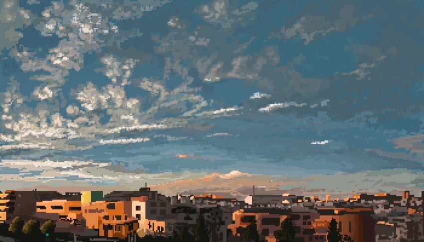 atmospheric_perspective blue_sky building cityscape cloud cloudy_sky highres hisachan55cute mountainous_horizon no_humans original pixel_art scenery sky sunrise town