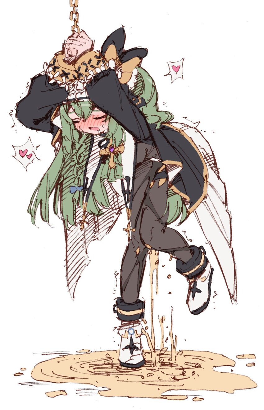 1girl arms_up bdsm blush bodystocking bondage boots borrowed_character bound bound_wrists bow braid chain closed_eyes cuffs drooling embarrassed full_body green_hair have_to_pee heart highres huanxiang_koudai_meow indie_virtual_youtuber leaning_forward leg_up long_hair long_sleeves nose_blush nun open_mouth original own_hands_together pee pee_puddle peeing peeing_self puddle puffy_sleeves rune_(dualhart) second-party_source shackles side_braid simple_background single_braid sketch solo speech_bubble spoken_heart standing standing_on_one_leg sweat trembling virtual_youtuber wet white_background white_boots